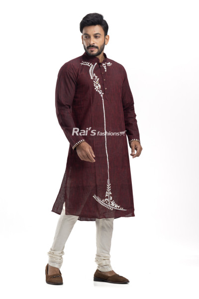 Wine Color Linen Embroidery Worked Straight Punjabi For Men (NS76)